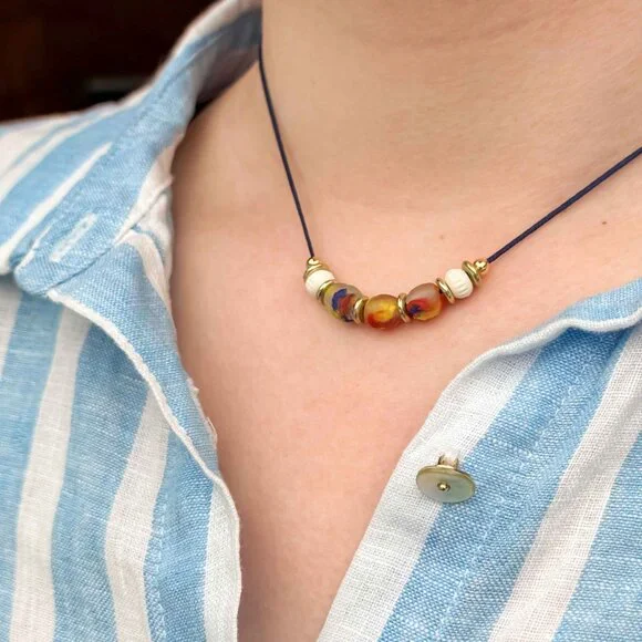 Recycled Glass Bead Necklace Ghana Satin Cord Colourful Minimalist Boho - Picture 9 of 9